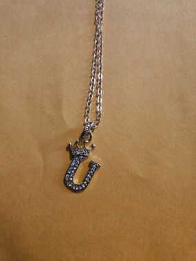 Crystal-Embellished 'U' Crown Pendant Necklace - Gold Tone
